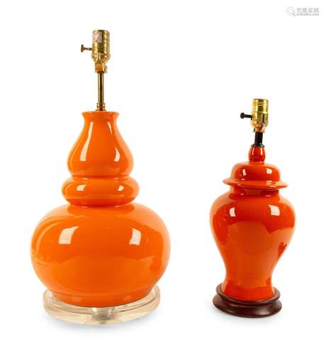 Two Orange Glazed Table Lamps Taller, height 11 inches.