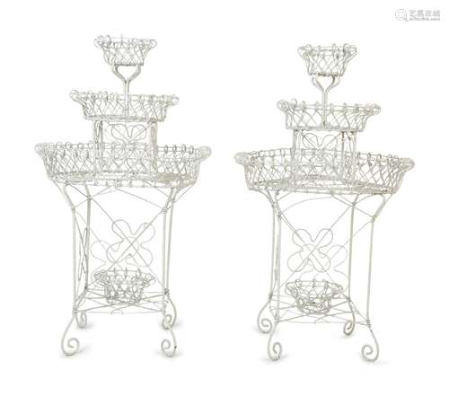 A Pair of   White Painted Iron Wirework Planters Height 47 x...