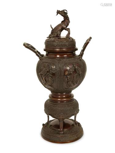 A Japanese Meiji Bronze Censer with Dragon Finial Height 21 ...