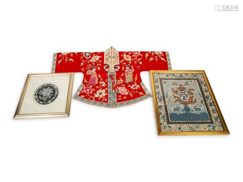 Two Chinese Framed Embroideries and A Child's Embroider...