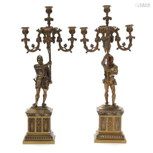 Pair of Antique French Gothic Revival Five Light Figural Bro...