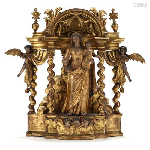 Continental Carved Giltwood Madonna and Child Altarpiece