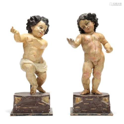 Pair of Large Antique Continental Wood Putto Statues