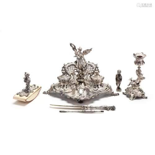 A Very Fine Rococo Revival German Silver Desk Set