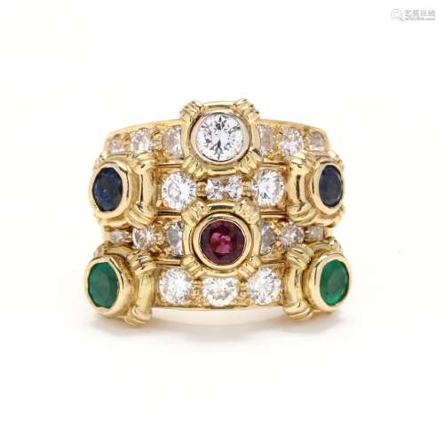 Set of Four Gold and Gem-Set Stacking Rings, Boris leBeau