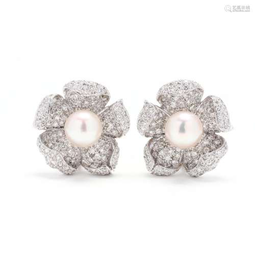 White Gold, Pearl, and Diamond Flower Motif Earrings