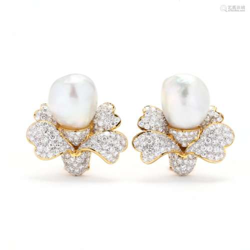 Bi-Color Gold, Baroque South Sea Pearl, and Diamond Earrings