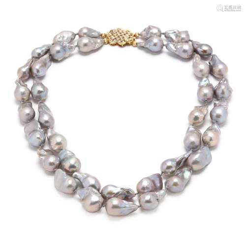 Double Strand Baroque Pearl Necklace with Gold and Diamond C...