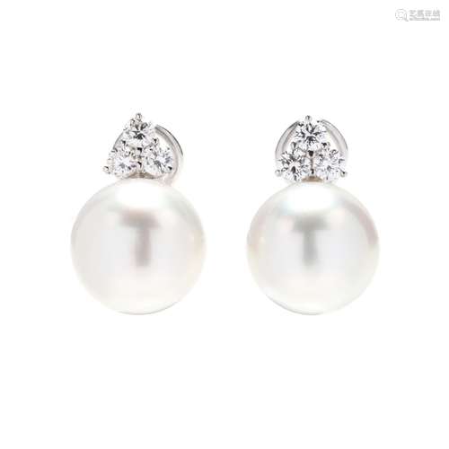 Pair of White Gold and Diamond South Sea Pearl Earrings