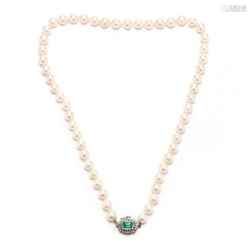 Single Strand Pearl Necklace with Emerald and Diamond Clasp