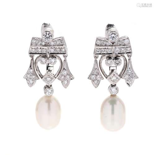 White Gold, Diamond, and Pearl Earrings