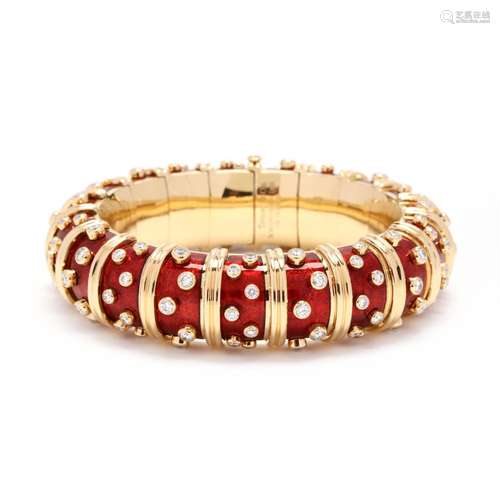 Gold, Diamond, and Red PaillonnÃ© Enamel Bracelet, Schlumber...