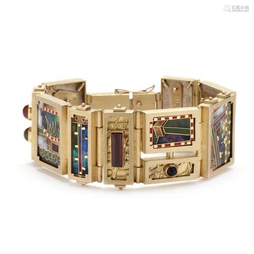 Gold and Silver Gem-Set Bracelet with Cloisonne Links, James...