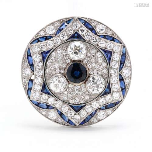 Art Deco Platinum, Diamond, and Sapphire Brooch