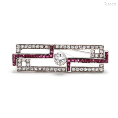 Art Deco White Gold, Diamond, and Ruby Brooch