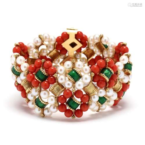 Gold, Coral, and Pearl Bracelet, French