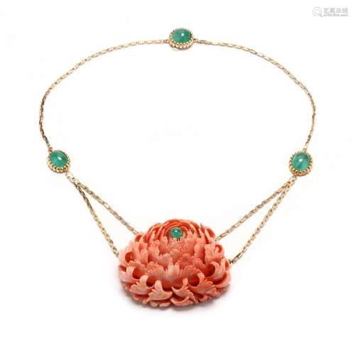 Gold and Gem-Set and Carved Coral Necklace