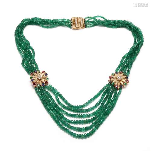 Gold and Gem-set Multi-Strand Emerald Bead Necklace