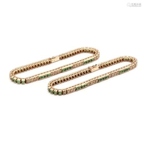 Pair of Demantoid Garnet and Diamond Bracelets