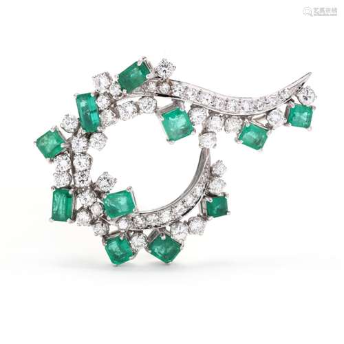 White Gold, Emerald, and Diamond Brooch