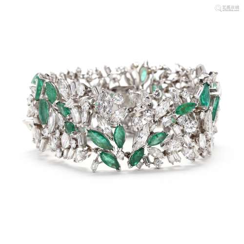 Platinum, Diamond, and Emerald Bracelet