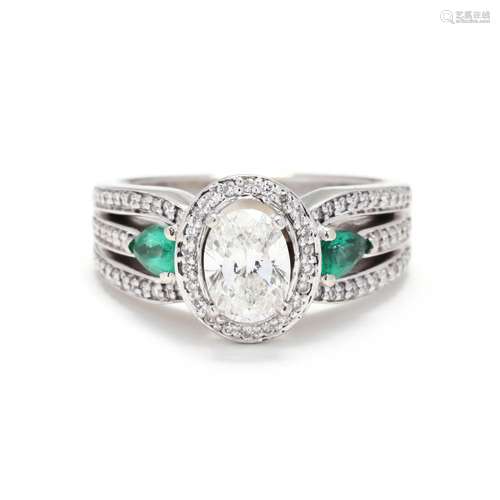 White Gold, Diamond, and Emerald Ring