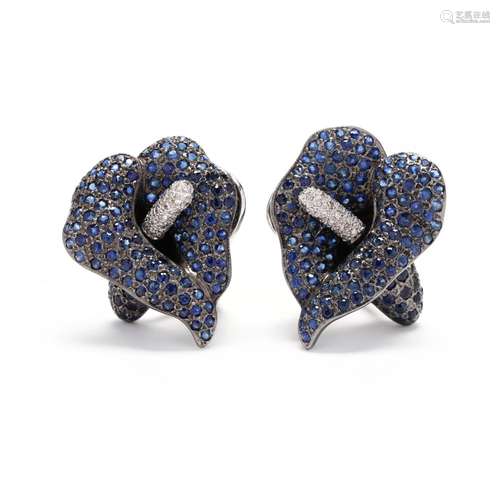 Gold, Sapphire, and Diamond Floral Earrings