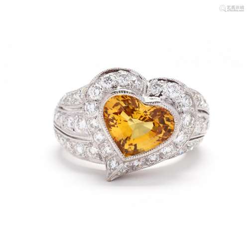 White Gold, Yellow Sapphire, and Diamond Ring