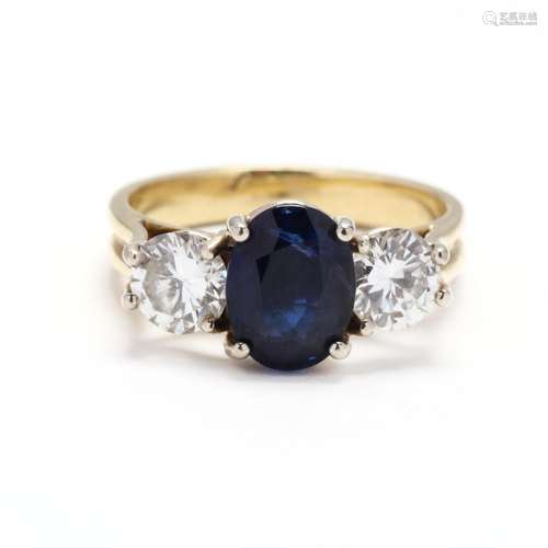 Gold and Three Stone Sapphire and Diamond Ring