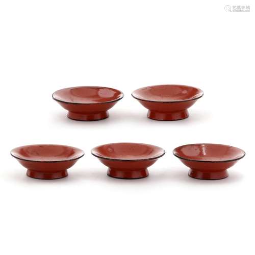 A Set of Five Japanese Red Lacquer Negoro Sake Cups