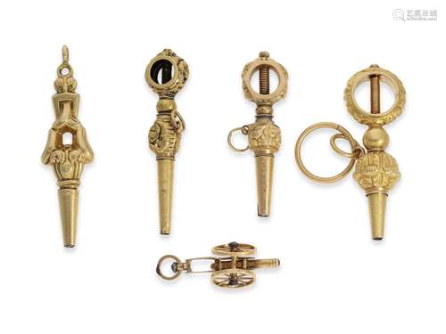 Watch keys: 5 rare gold verge watch keys, 18th century and e...