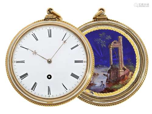 Pocket watch: very fine, especially large gold/ enamel pocke...