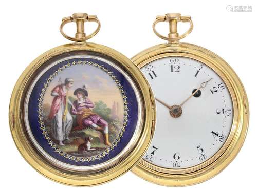 Pocket watch: large gold/ enamel verge watch with painting, ...