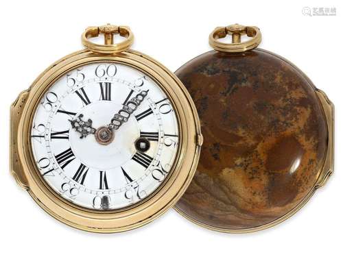 Pocket watch: precious gold verge watch with agate case, roy...