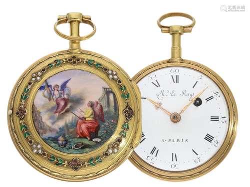 Pocket watch: important, large gold/ enamel verge watch with...