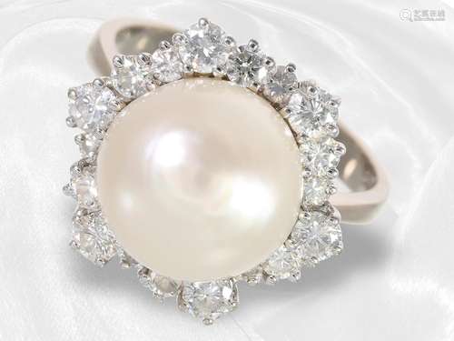 Ring: white gold vintage pearl/brilliant gold forging ring, ...