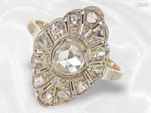 Ring: decorative antique gold ring with diamond roses, 14K g...