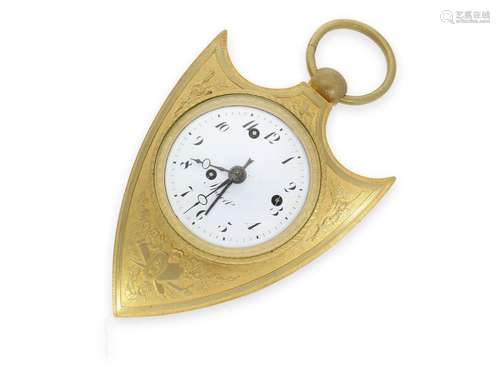 Travel clock: extremely rare shield-shaped officer's tr...