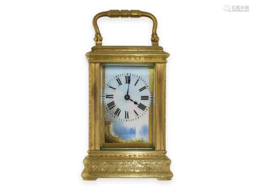 Travel clock: French miniature travel clock with porcelain p...