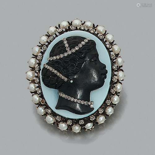 A diamond, pearl, gold blackamoor cameo brooch, circa 1860 I...