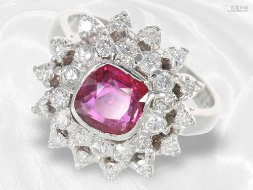 Ring: handmade vintage flower ring with ruby and diamonds, 1...