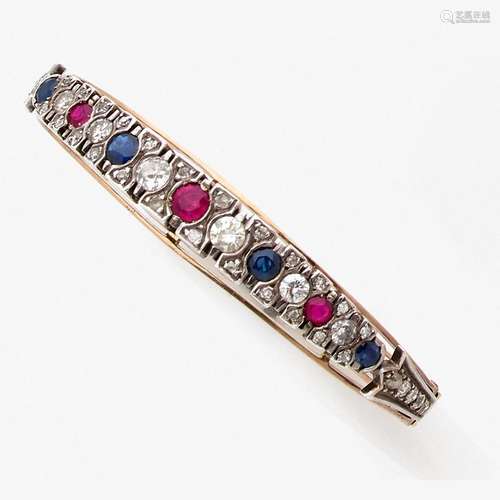 TRAVAIL FRANÇAIS BRACELET RIGIDE SAPHIRS DIAMANTS RUBIS A di...