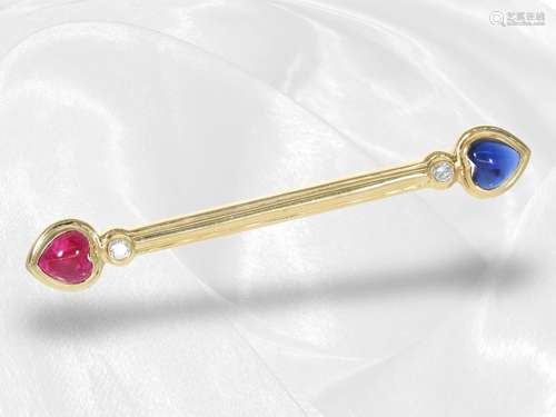 Brooch/pin: Wempe baton brooch with sapphire/ruby set in hea...