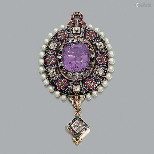 An Holbein style amethyst, diamond, enamel, natural pearl an...