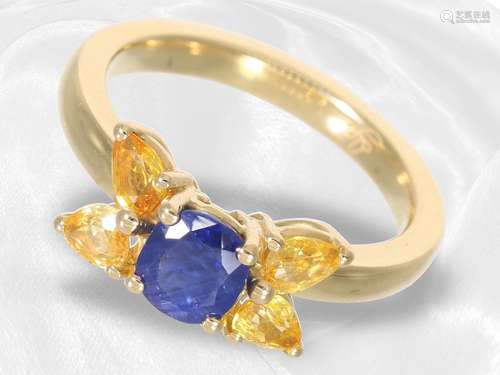 Ring: handmade, very fine gold ring with colored sapphires, ...