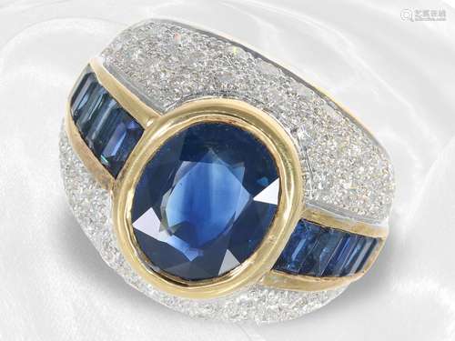 Ring: unusually wide and exceptionally decorative sapphire/b...