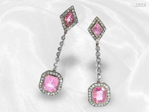 Earrings: fine antique earrings with pink tourmalines and di...