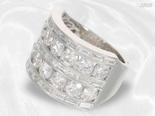 Ring: modern and very wide diamond goldsmith ring, platinum,...