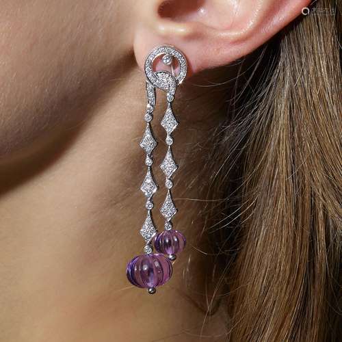 PENDANTS D'OREILLES AMETHYSTES A dimaond, amethyst and ...