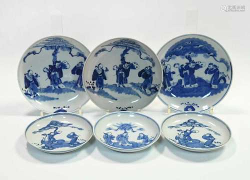 A set of three Chinese blue and white porcelain saucer dishe...